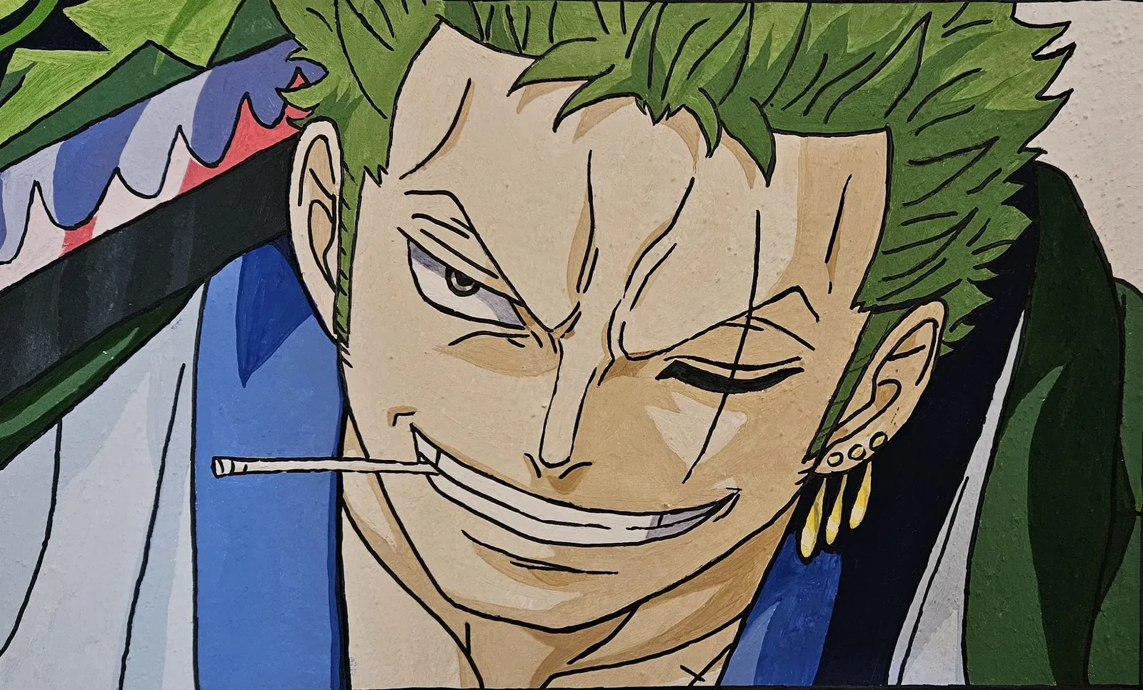 Acrylgemälde des Anime-Charakters Zoro in Nahaufnahme