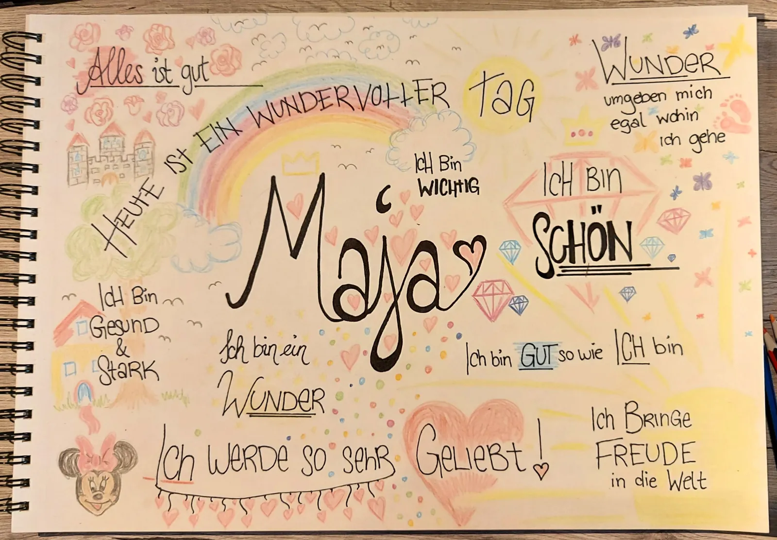 Handgestaltete Lettering-Seite mit Illustrationen für ein Mädchen namens Maja